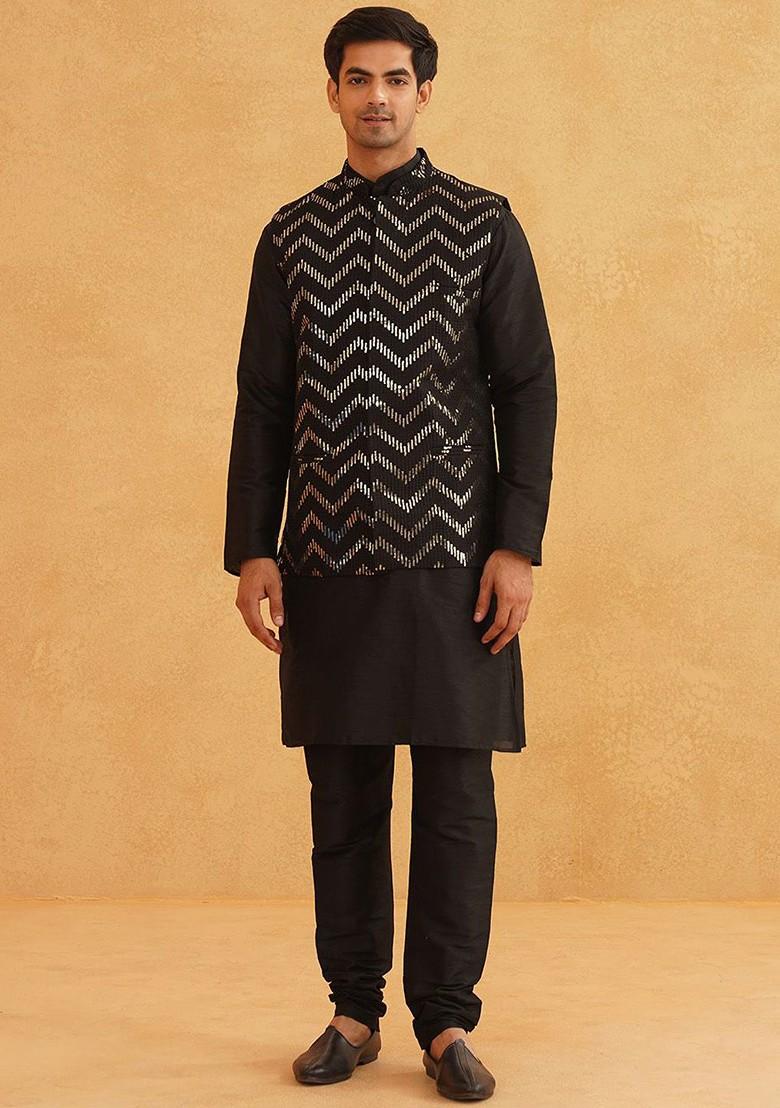 Black Solid Poly Blend Kurta Set For Men