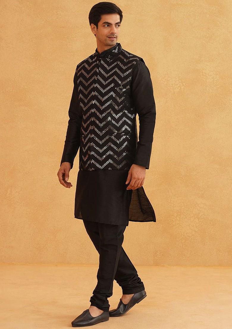 Black Solid Poly Blend Kurta Set For Men