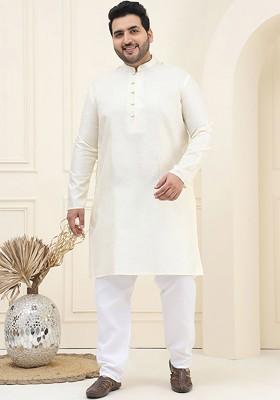 Cream Woven Poly Blend Kurta Set For Men