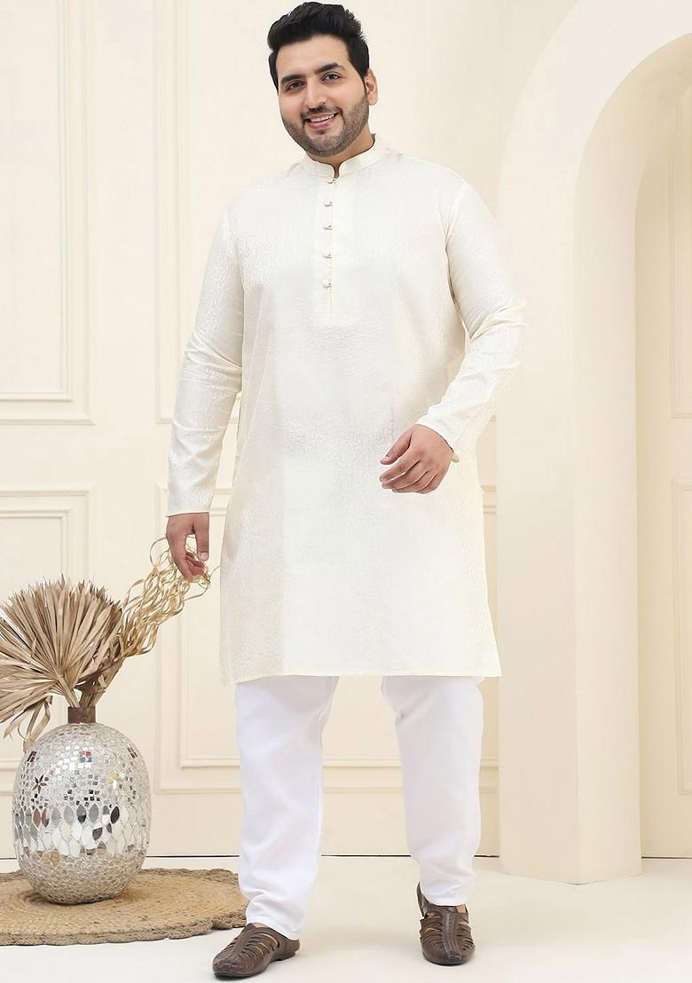 Cream Woven Poly Blend Kurta Set For Men