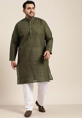 Olive Embroidered Cotton Kurta Set For Men