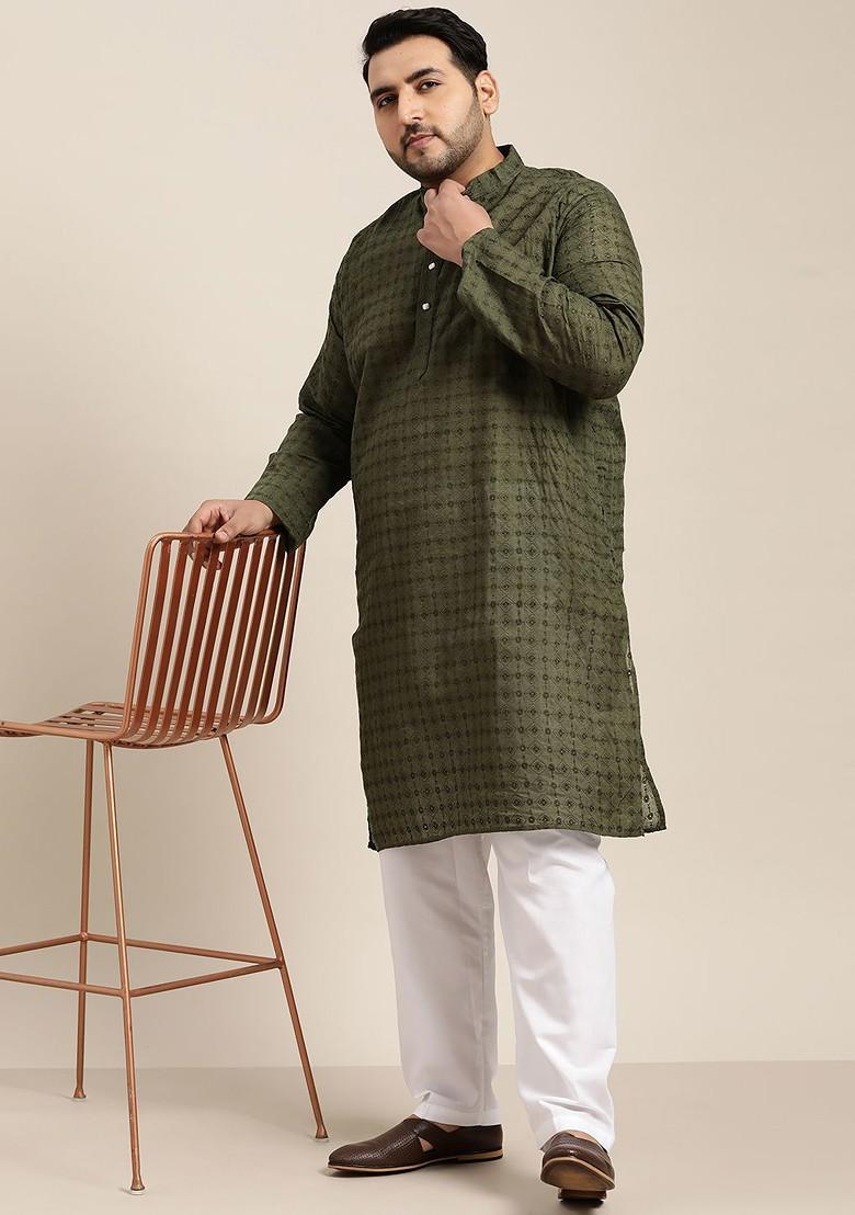 Olive Embroidered Cotton Kurta Set For Men
