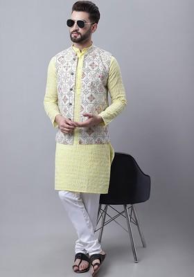 Yellow Embroidered Cotton Kurta Set For Men