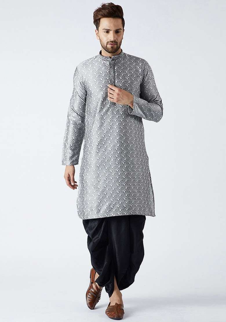 Grey Solid Poly Blend Kurta Set For Men - Indya