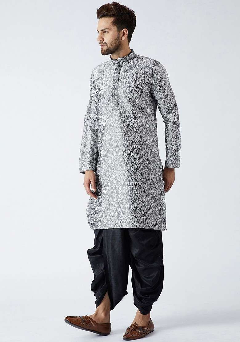 Grey Solid Poly Blend Kurta Set For Men - Indya