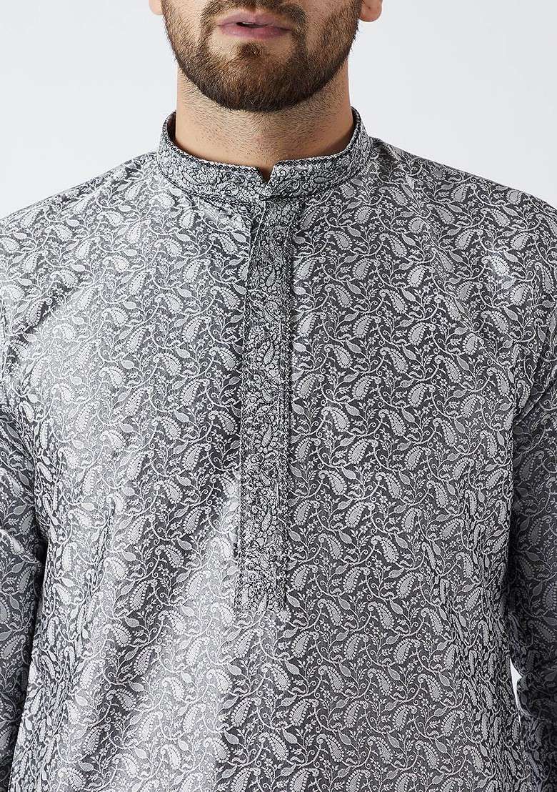 Grey Solid Poly Blend Kurta Set For Men - Indya