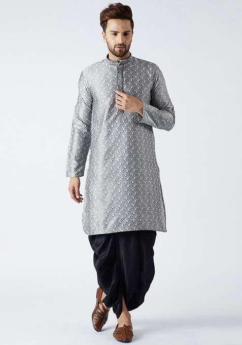 Grey Solid Poly Blend Kurta Set For Men