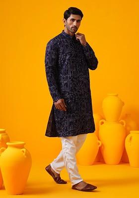 Violet Embroidered Poly Blend Kurta Set For Men