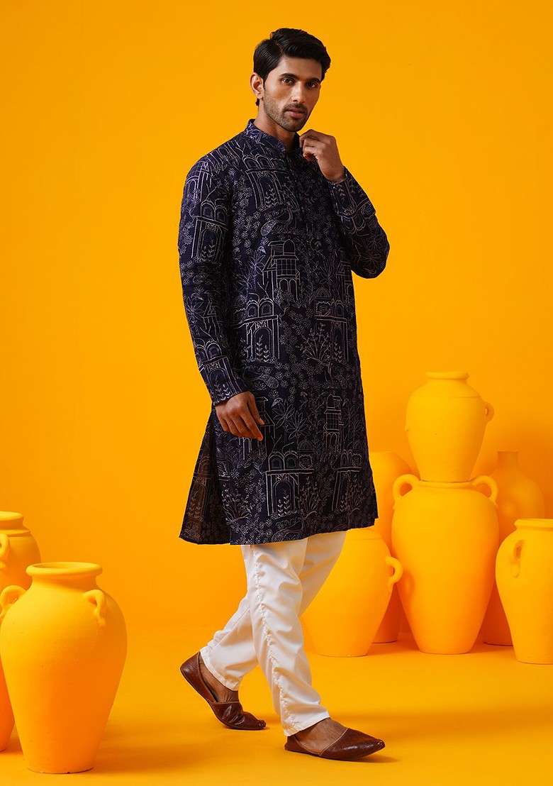 Violet Embroidered Poly Blend Kurta Set For Men - Indya