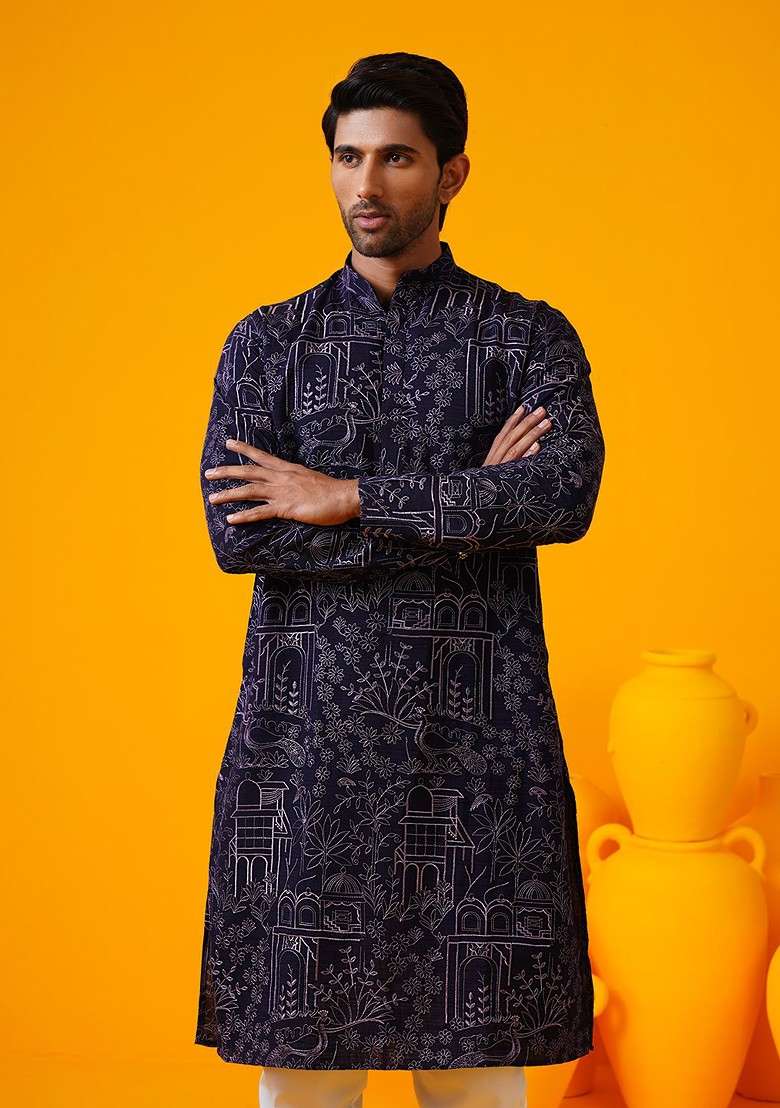 Violet Embroidered Poly Blend Kurta Set For Men - Indya