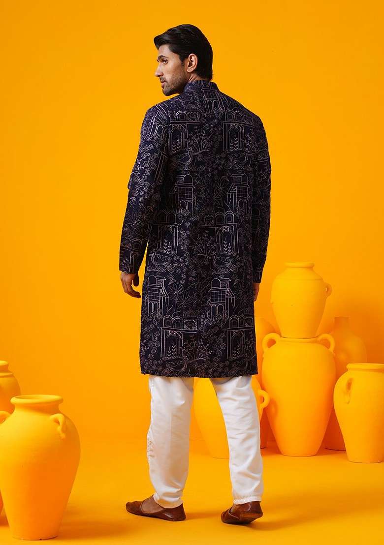 Violet Embroidered Poly Blend Kurta Set For Men - Indya