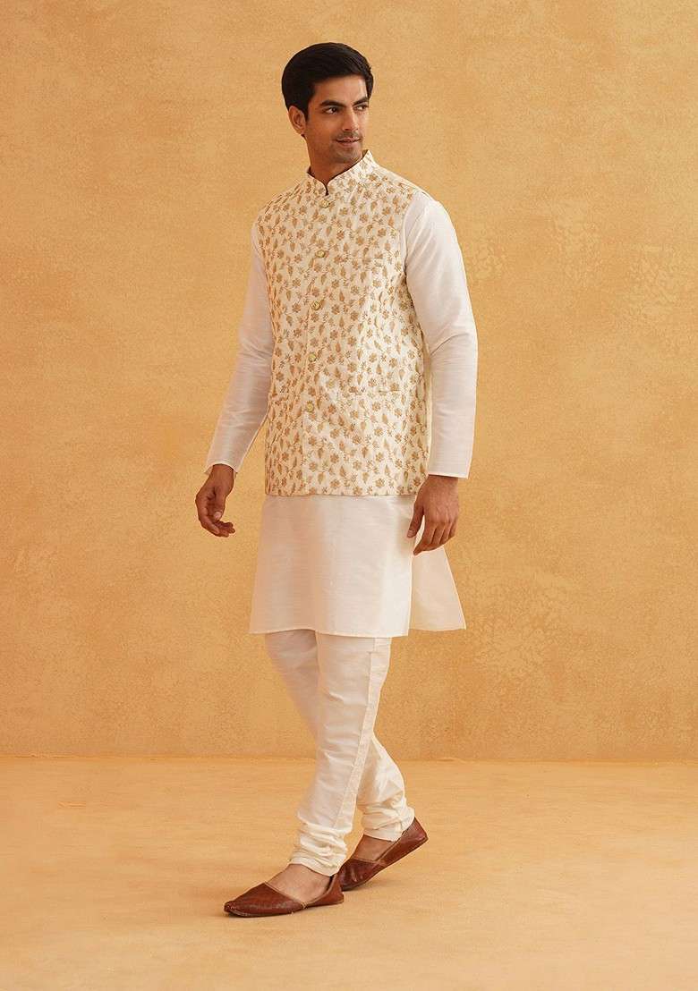 Off White Solid Poly Blend Kurta Set For Men - Indya