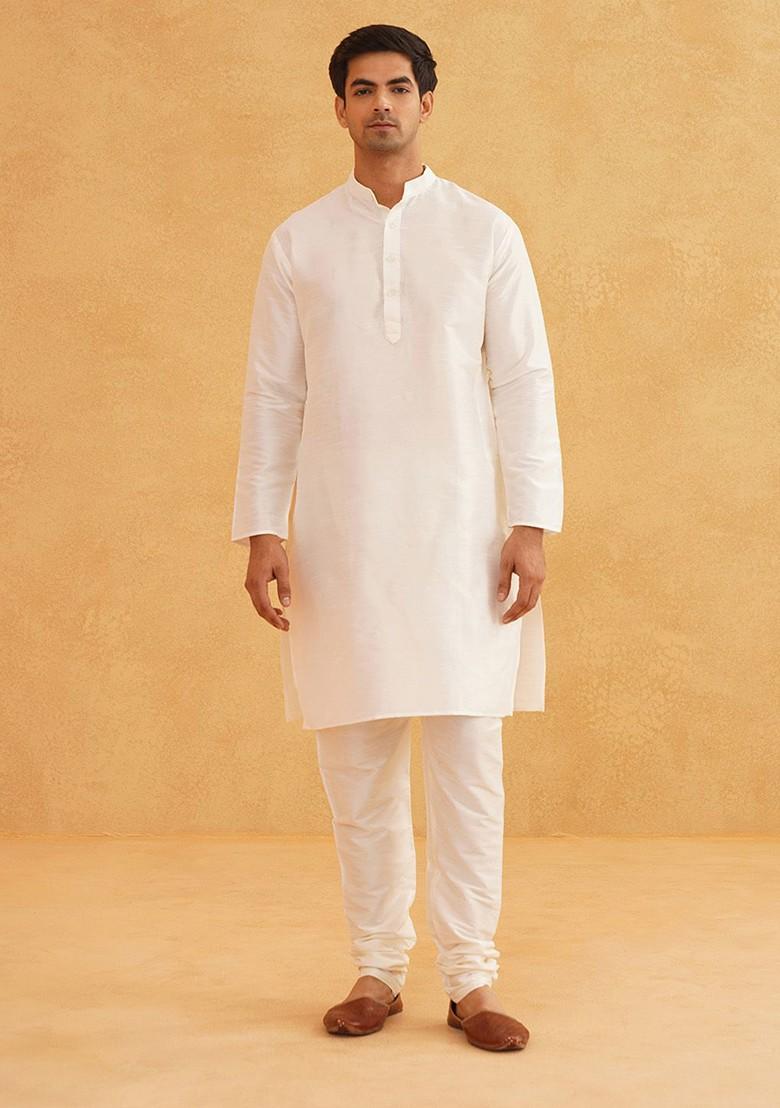 Off White Solid Poly Blend Kurta Set For Men