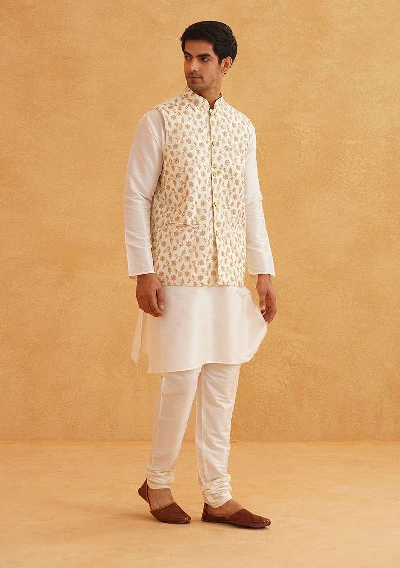 Off White Solid Poly Blend Kurta Set For Men - Indya