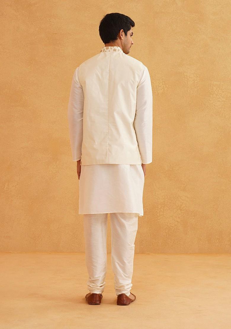 Off White Solid Poly Blend Kurta Set For Men
