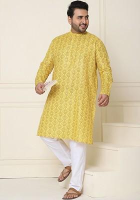 Mustard Ethnic Motifs Poly Blend Kurta Set For Men