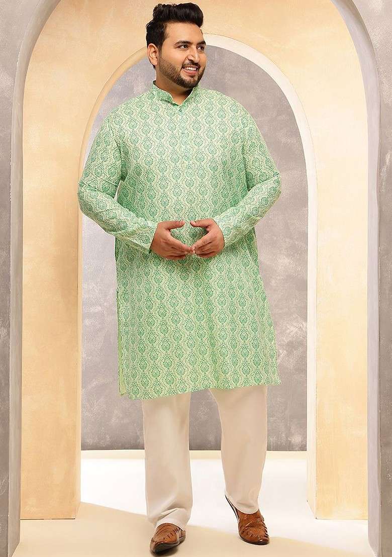 Green Ethnic Motifs Cotton Kurta Set For Men - Indya