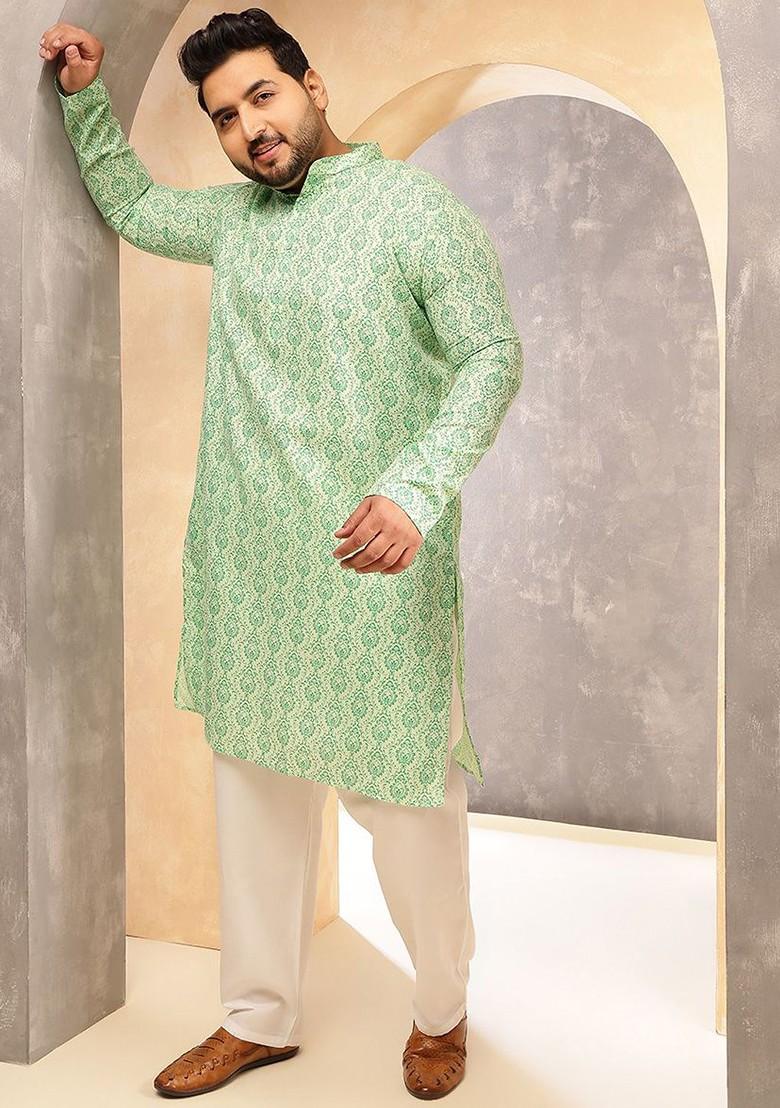 Green Ethnic Motifs Cotton Kurta Set For Men