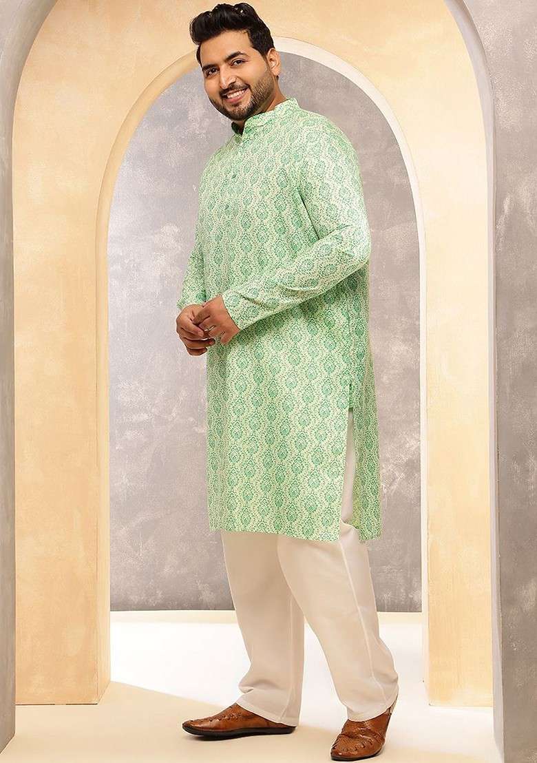 Green Ethnic Motifs Cotton Kurta Set For Men - Indya