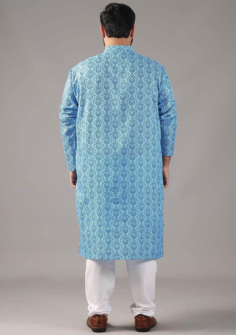 Blue Ethnic Motifs Poly Blend Kurta Set For Men