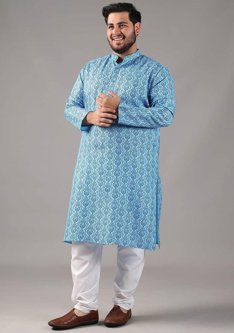 Blue Ethnic Motifs Poly Blend Kurta Set For Men