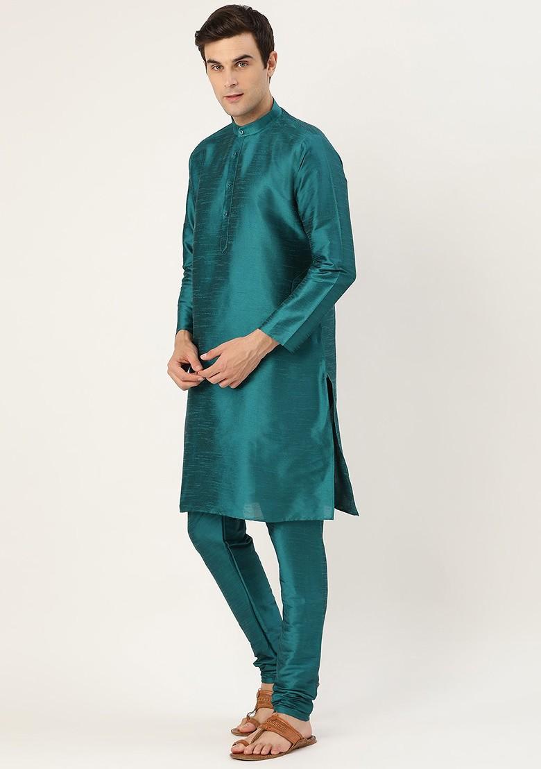 Teal Blue Solid Poly Blend Kurta Set For Men