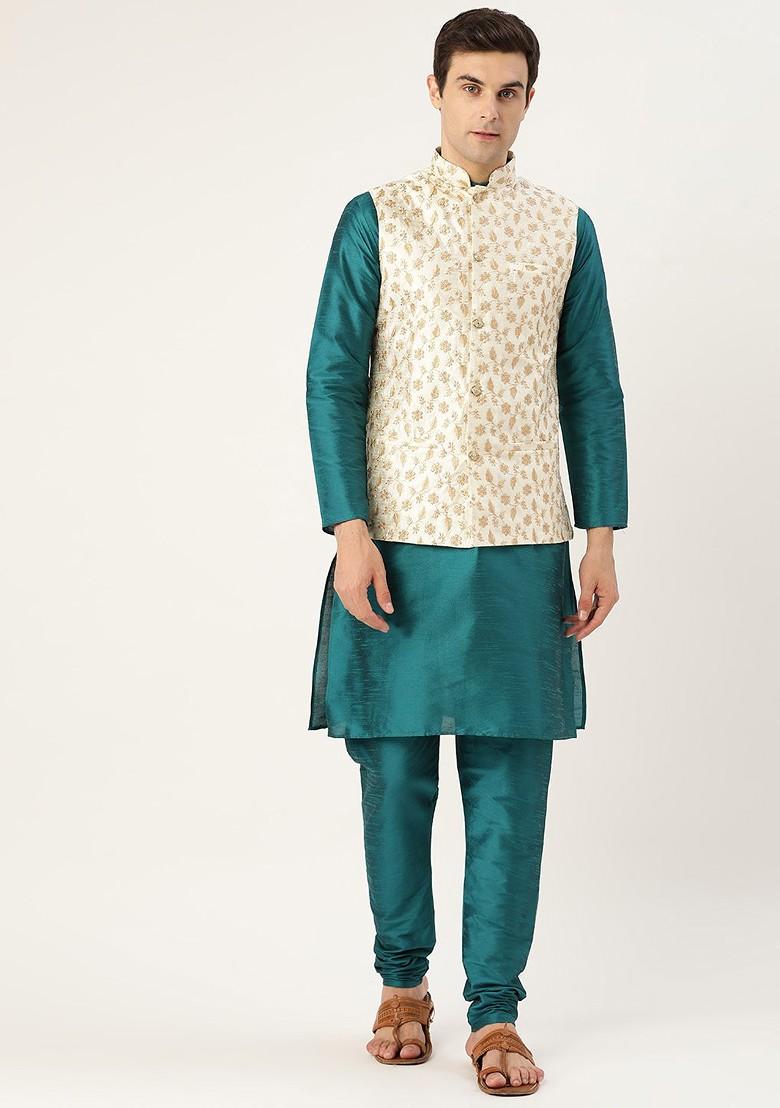 Teal Blue Solid Poly Blend Kurta Set For Men