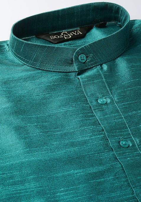 Teal Blue Solid Poly Blend Kurta Set For Men