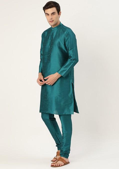 Teal Blue Solid Poly Blend Kurta Set For Men