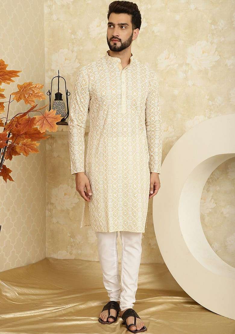 Beige Embroidered Cotton Kurta Set For Men - Indya