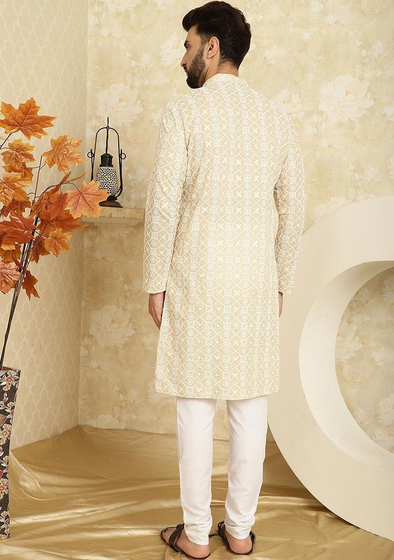 Beige Embroidered Cotton Kurta Set For Men
