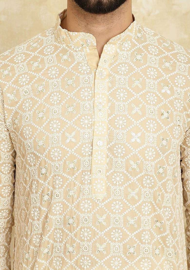 Beige Embroidered Cotton Kurta Set For Men - Indya