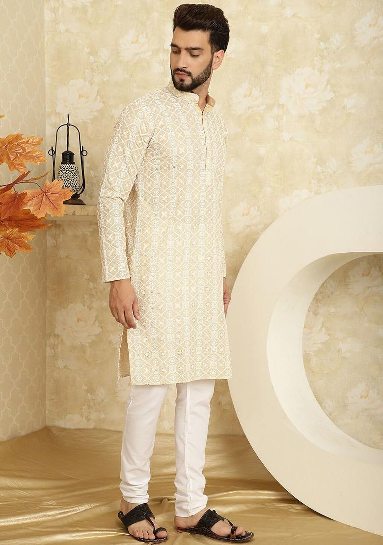Beige Embroidered Cotton Kurta Set For Men