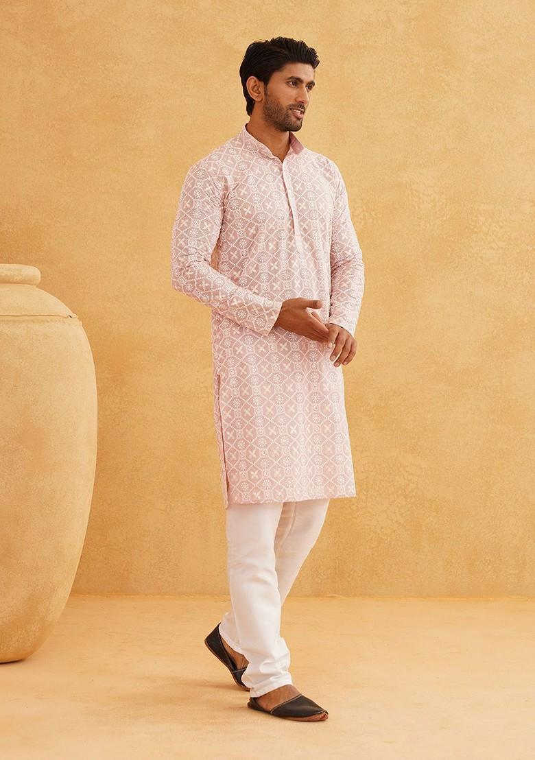 Pink Thread Work Cotton Kurta Set For Men