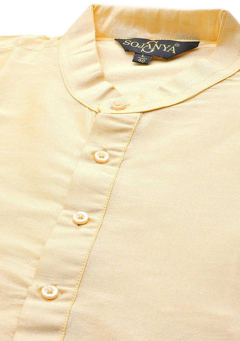 Gold Solid Poly Blend Kurta Set For Men