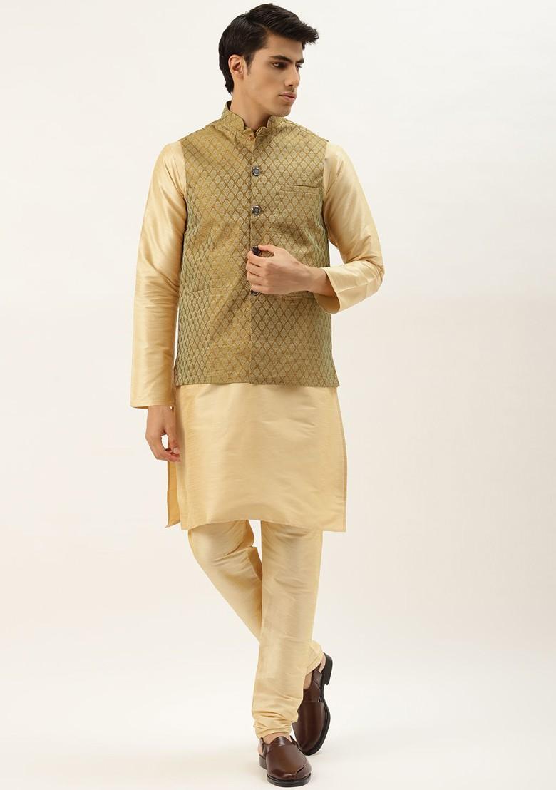 Olive Ethnic Motifs Jacquard Kurta Set For Men