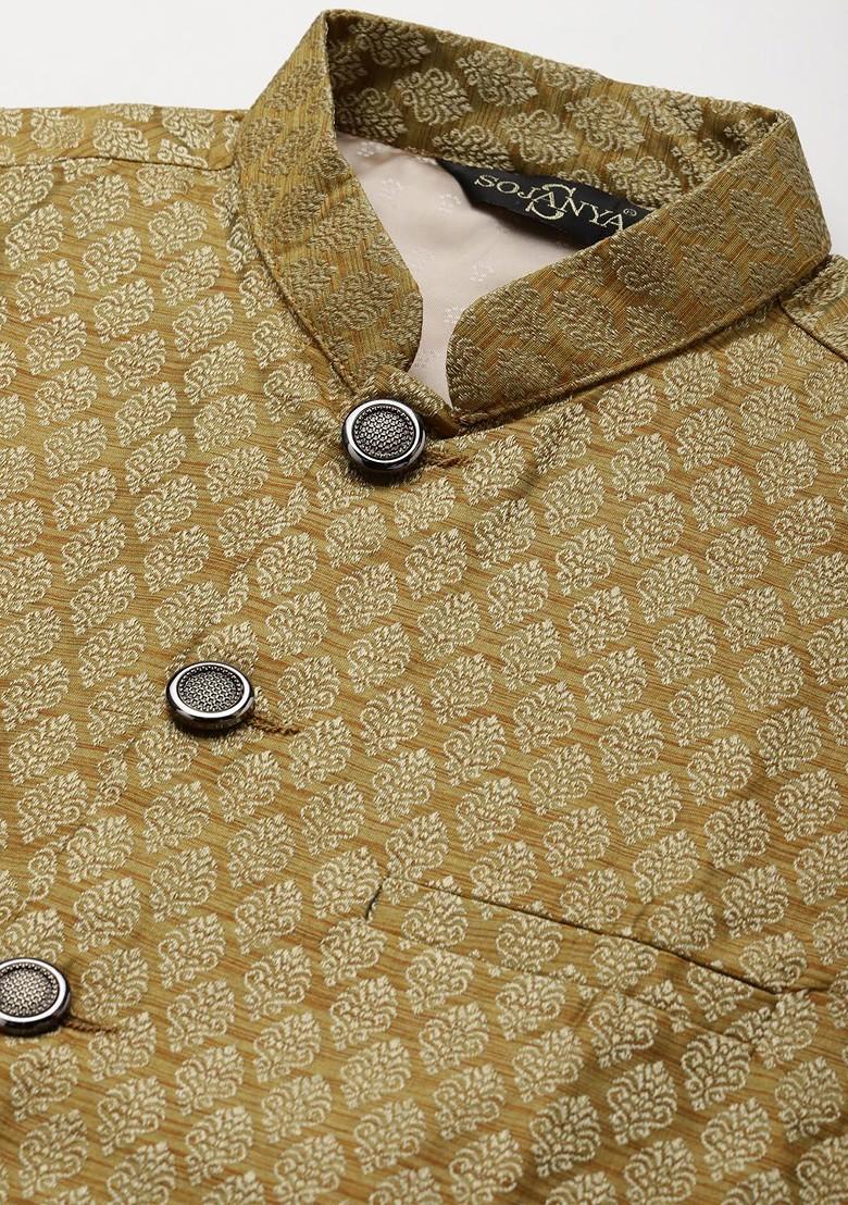 Olive Ethnic Motifs Jacquard Kurta Set For Men