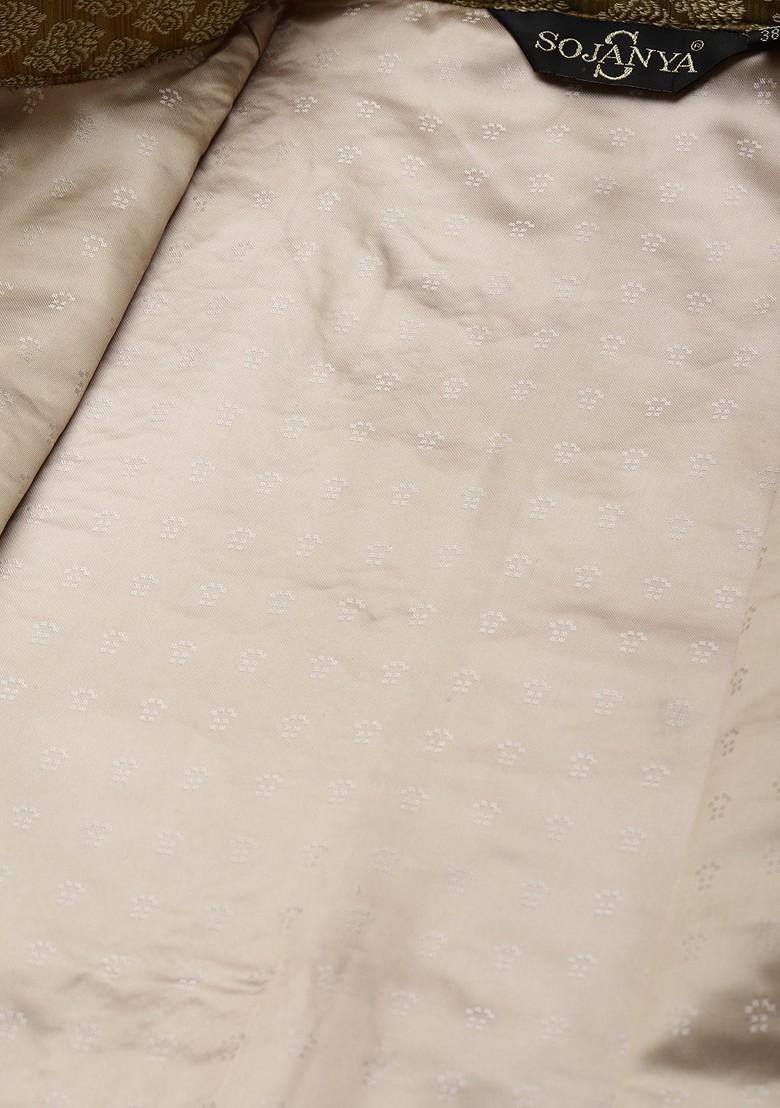 Olive Ethnic Motifs Jacquard Kurta Set For Men