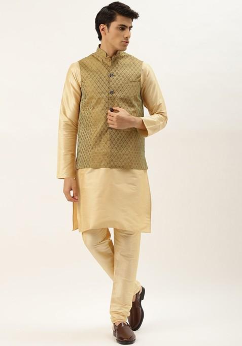 Olive Ethnic Motifs Jacquard Kurta Set For Men