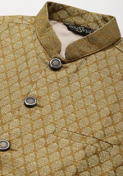 Olive Ethnic Motifs Jacquard Kurta Set For Men