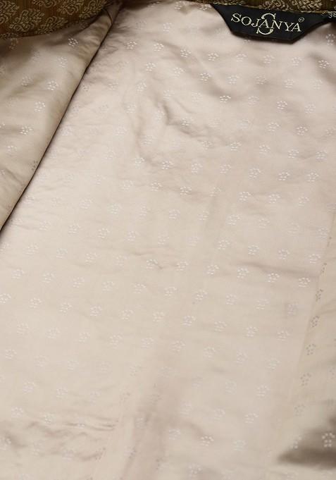 Olive Ethnic Motifs Jacquard Kurta Set For Men