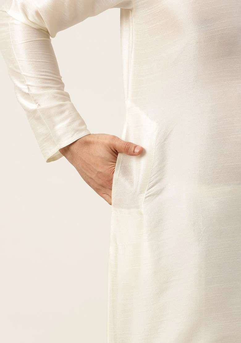 Off White Solid Poly Blend Kurta Set For Men - Indya