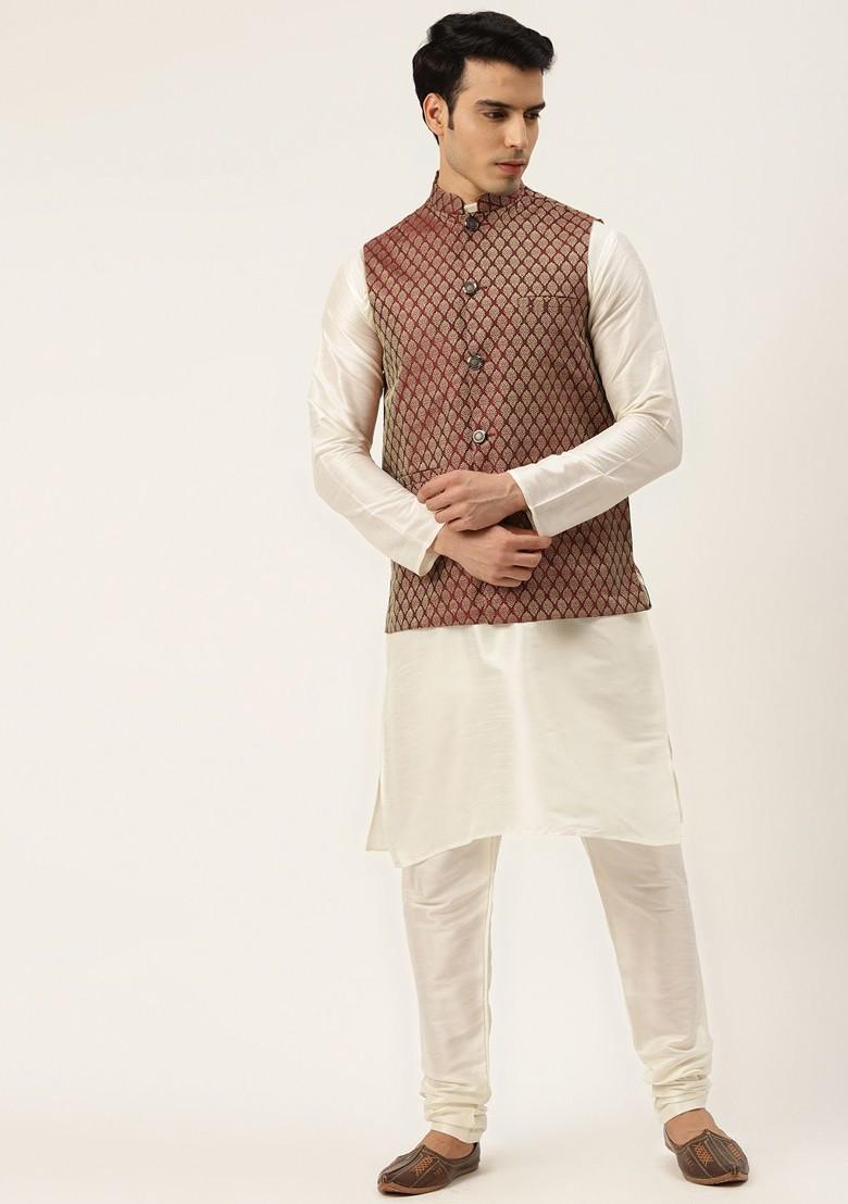 Off White Solid Poly Blend Kurta Set For Men