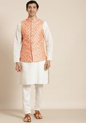 Cream Chikankari Cotton Kurta Set For Men
