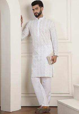 White Embroidered Cotton Kurta Set For Men