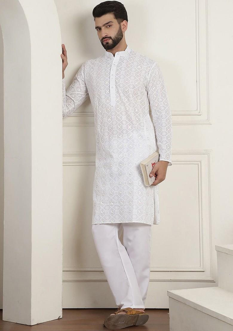 White Embroidered Cotton Kurta Set For Men