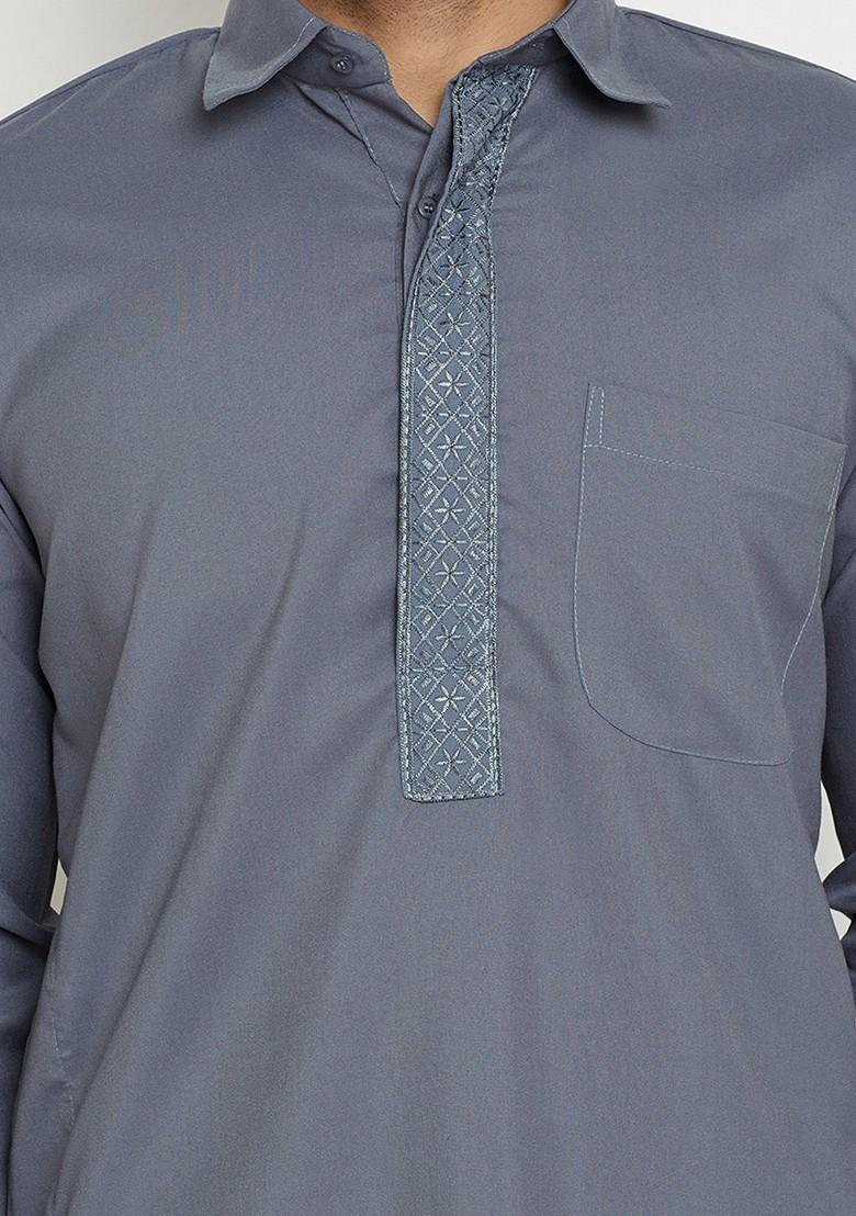 Grey Solid Poly Blend Kurta Set For Men