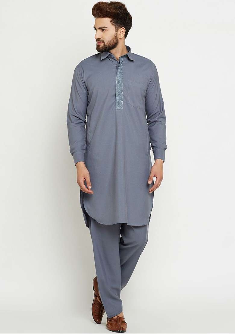 Grey Solid Poly Blend Kurta Set For Men - Indya