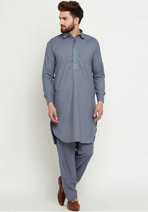 Grey Solid Poly Blend Kurta Set For Men
