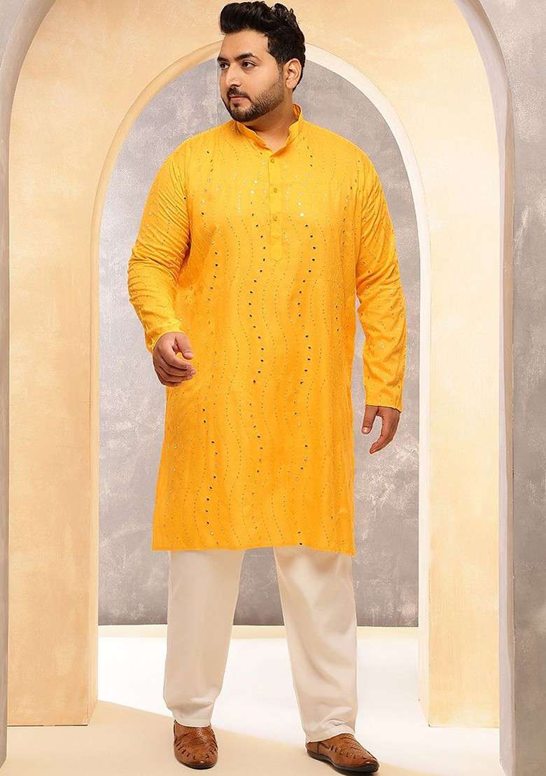 Mustard Embroidered Cotton Kurta Set For Men - Indya